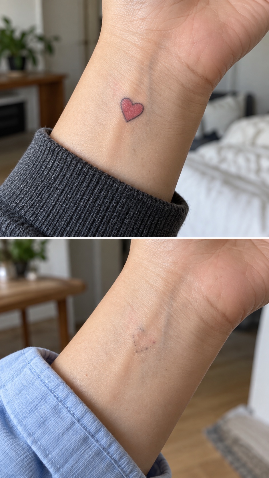 手腕彩色爱心纹身治疗前与四次以上治疗后对比